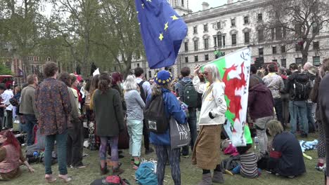 Old-women-wave-flags-at-the-extinction-rebellion-protest-on-Parliament-Square,-London,-UK