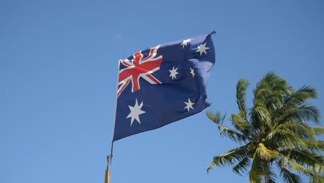 Beautiful-Australian-flag-in-slow-motions-with-wind-and-beautiful-palm-tree-behind-at-the-beach-in-summer
