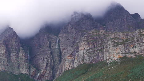 Multiple-small-waterfalls-falling-down-mountainside-after-heavy-rains,-Du-Toit's-Kloof,-South-Africa,-zoomed-in-shot