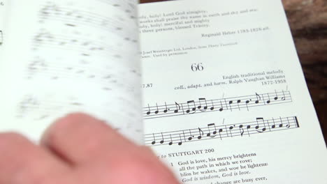 Turning-the-pages-over-or-flicking-through-pages-of-an-old-hymn-book-with-music-verses-and-choruses