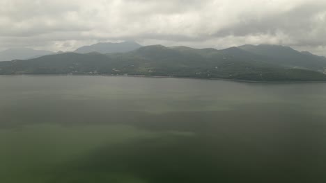 Drone-Aerial-over-Lake-Yamanaka-and-Mount-Fuji,-Japan,-Asia