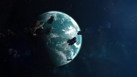 Flotte-Von-Raumschiffen,-Die-Den-Planeten-Erde-Verlassen