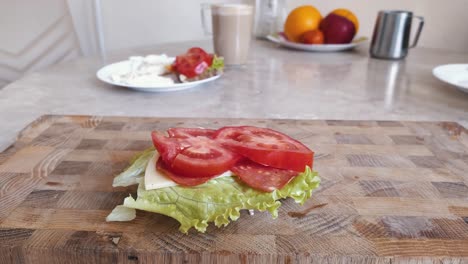 Close-up-healthy-sandwich-with-tomato,-sausage,-cheese-and-salad