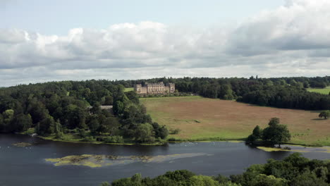 Aerial-Orbit-of-Harewood-House,-a-Country-House-in-West-Yorkshire-from-Right-to-Left