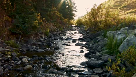 Beautiful-and-enchanted-creek-as-it-tumbles-down-near-a-road-amongst-fall-colors-during-sunset