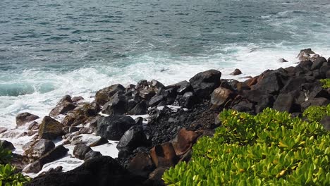 HD-Slow-motion-Hawaii-Kauai-static-of-ocean-waves-crashing-from-left-to-right-on-rocks-along-shoreline-with-shrubs-in-lower-right-foreground