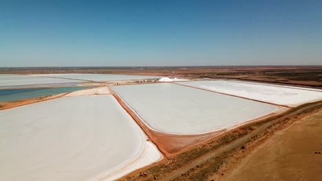 Aerial-footage-large-Australian-salt-mine,-arid-landscape,-drone-circles-right-left