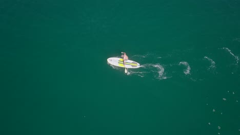 paddleboarder-enjoying-his-sunny-day-on-clear-green-water,-aerial