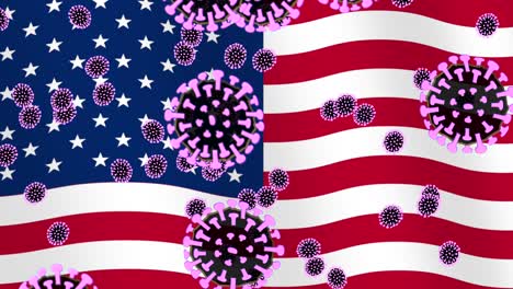 Animation-of-corona-virus-germs-on-usa-american-flag-in-background