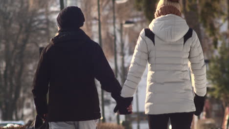 Couple-strolls-holding-hands-in-Tatranska-Lomnica,-Slovakia