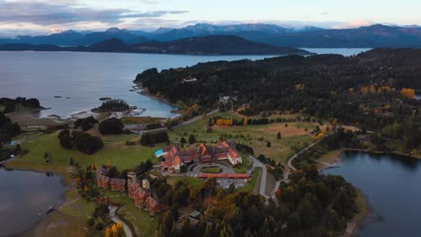 Luxury-hotel-Llao-Llao-Resort-in-Patagonia,-Argentina,-aerial-panoramic
