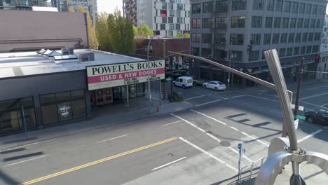 Historic-aerial-footage-of-Powell’s-Books-in-Portland,-Oregon-with-empty-streets-due-to-COVID-19