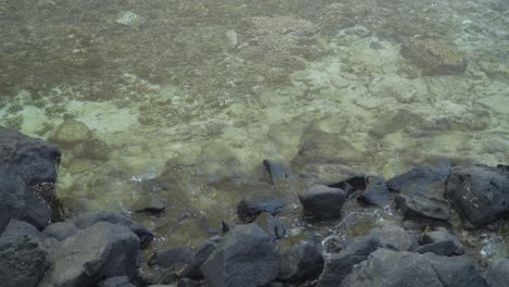 Water-ripples-bounce-of-dark-rocky-coastline-of-tropical-island-in-Pacific-Ocean