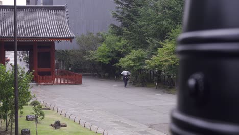 Hombre-Con-Paraguas-Vistiendo-Yukata-Japonés-Típico-Caminando-Por-Los-Terrenos-Del-Templo-Sensoji