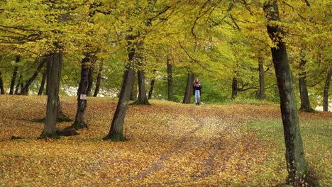 Girl-Walking-Down-The-Trail-Carpeted-In-Autumnal-Fallen-Leaves-In-Hoia-Forest,-Cluj-Napoca,-Romania