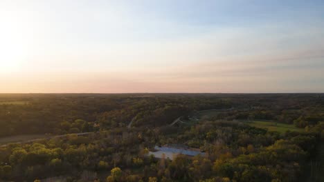 Rural-Countryside-Serene-Landscape-of-Stilwell,-Kansas-at-Sunset,-Aerial