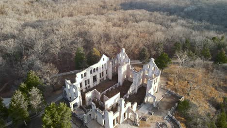Destroyed-Building-Castle-Ruins-in-Missouri-State-Park,-Aerial-Drone