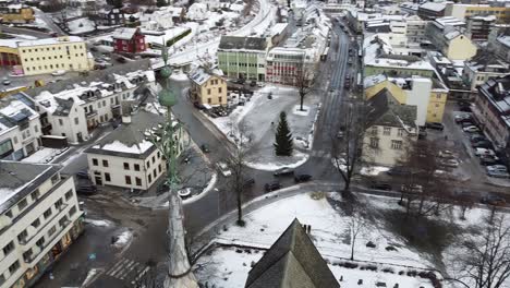 The-top-of-Voss-Church-spire-steeple-rotating-aerial-shot---Voss-Norway