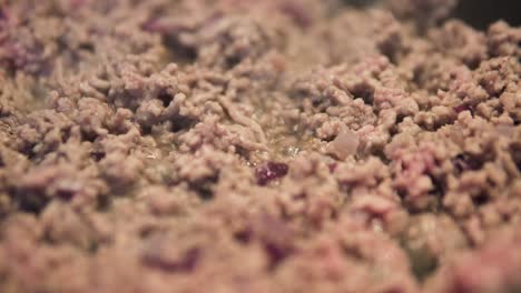 Timelapse-of-minced-meat-with-onions-cooking-from-red-to-brown,-close-up