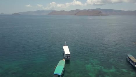 Pequeños-Barcos-De-Crucero-En-Las-Idílicas-Aguas-Frente-A-La-Costa-De-La-Playa-Rosa-En-La-Isla-De-Komodo,-Indonesia---Tiro-Aéreo