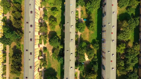 Drone-view-of-long-residential-building-,-aerial-view-summer-time