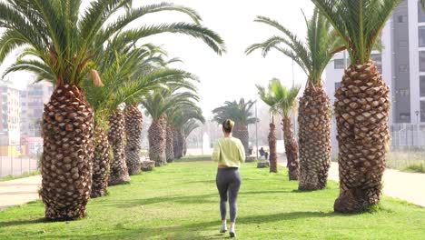 woman-running-backwards-down-an-avenue-with-palm-trees-and-grass-moving-away-from-the-camera