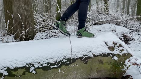 Fröhliches-Mädchen-Mit-Wanderstiefeln,-Das-Im-Winter-über-Hölzernen-Schneebedeckten-Baumstamm-Balanciert-Und-Nach-Unten-Springt