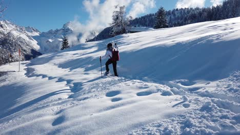 Una-Mujer-Caminando-Sobre-La-Nieve-Con-Raquetas-De-Nieve-Y-Bastones