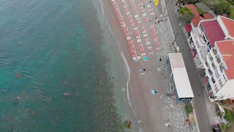 Birds-Eye-View-Aerial-Drone-Footage-of-Beach-in-Sutomore-Montenegro-in-the-morning