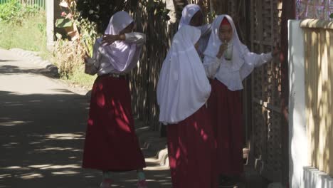 Gruppe-Muslimischer-Schulmädchen,-Die-In-Einem-Ländlichen-Dorf-In-Indonesien-Miteinander-Chatten