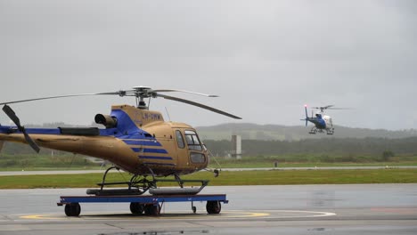 Helicopter-flying-low-and-slow-away-from-airport-in-Stavanger-Norway