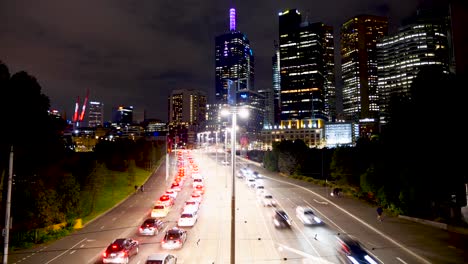 Melbourne-traffic-nighttime-timelapse-at-motorway-and-railway