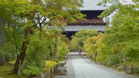 Beautiful-green-leaves-in-front-of-a-big-temple,-person-walking-in-front-of-the-temple-in-the-background-in-Kyoto,-Japan-soft-lighting-4K
