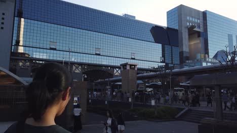 4k-slow-tilt-over-reflective-building-in-the-late-afternoon-as-sun-begins-to-set-in-Kyoto