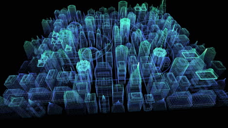 Pantalla-Frontal-Futurista-Ciudad-Holográfica-Imagen-Generada-Digitalmente-Partículas-De-Matriz-De-Realidad-Virtual-En-El-Entorno-De-Fondo-Del-Ciberespacio