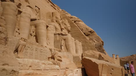 Close-up-view-of-huge-ancient-sculptures-of-Egyptian-pharaoh-Ramses-on-Abu-Simbel-Temple