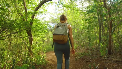 A-young-brunette-with-her-backpack,-walking-through-the-lush,-peaceful-forest---Wide-rolling-shot