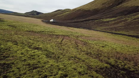 Four-Wheel-Drive-Vehicle-in-Action-on-Rough-Offroad-in-Iceland-Volcanic-Landscape,-Dramatic-Aerial
