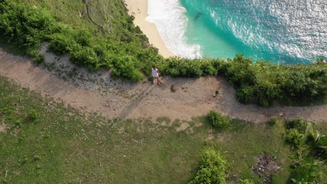 Tourist-admiring-sea-view-from-the-cliff,-aerial-shot-revealing-famous-Kelingking-Beach,-Nusa-Penida-Island,-Bali