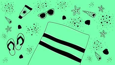 Animated-summer-background-with-black-hand-drawn-beach-objects-on-green