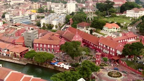 Drone-aerial-footage-in-Malacca-Old-Town,-Malaysia
