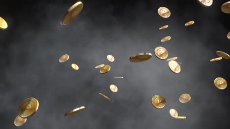 Bitcoins-De-Oro-Girando-Y-Cayendo-Sobre-Niebla-Gris,-Nube,-Sobre-Fondo-Negro,-Animación-3d