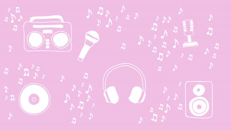 Loopable-animation-of-music-equipment-surrounded-by-musical-notes-on-a-pink-background