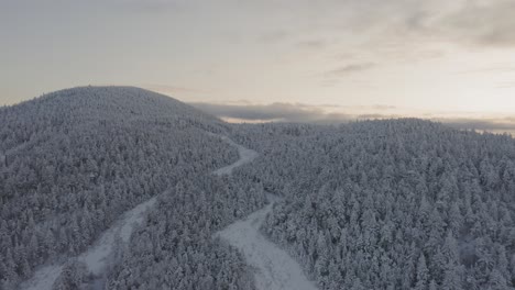 Old-grown-in-ski-trails-wind-around-the-top-of-a-snow-crusted-mountain-AERIAL
