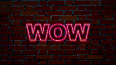 Digital-Neon-flickering-Wow-text-sign-on-house-brick-wall,abstract-design-animation