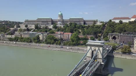 Narrow-aerial-drone-view-of-Baroque-Budapest-castle-and-chain-bridge