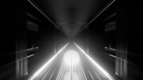 White-Blaze-Rolling-Ball,-Illuminated-Geometric-Corridor,-Reflections