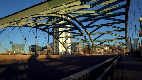 Panning-shot-of-bridge-in-downtown-Denver,-Colorado