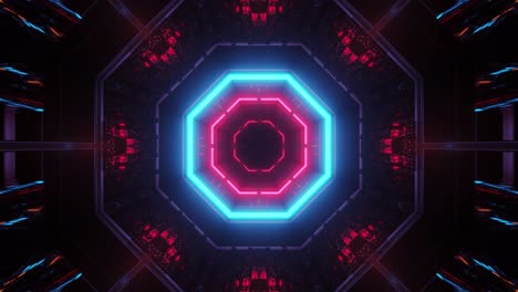Flying-into-red-and-blue-hexagonal-tunnel,-sci-fi-interior,-futuristic-technology-corridor-abstract-seamless-VJ-for-tech-titles-and-background