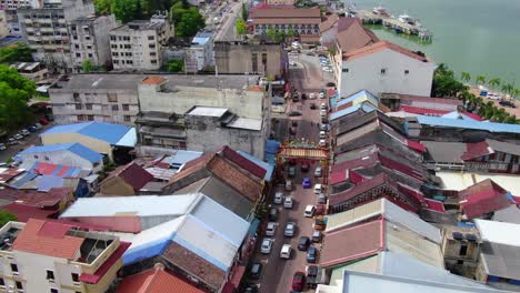 Drone-Aerial-Footage-Taken-in-Chinatown,-a-traditional-old-town-in-Kuala-Trengganu,-Malaysia